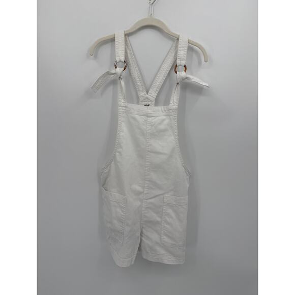 Aerie Beach White Denim Shortall Tie Straps Rolled Hems Overalls Romper Small - Picture 3 of 5